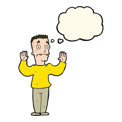 cartoon man surrendering with thought bubble