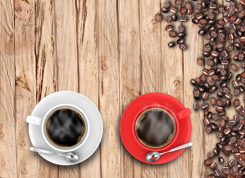 White And Red Coffee cups with beans on wood