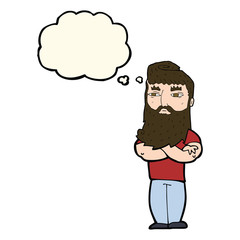 cartoon serious man with beard with thought bubble