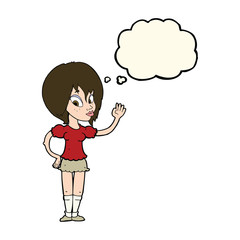 cartoon pretty woman waving with thought bubble