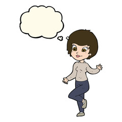 cartoon woman waving with thought bubble