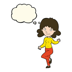 cartoon friendly woman waving with thought bubble