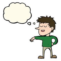cartoon man making dismissive gesture with thought bubble
