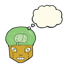 cartoon spooky robot head with thought bubble