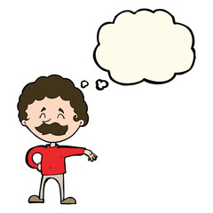 cartoon man making camp gesture with thought bubble