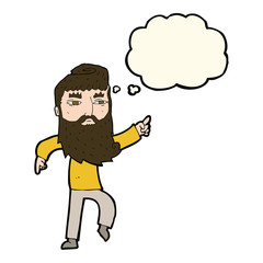 cartoon bearded man pointing the way with thought bubble