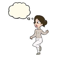 cartoon friendly woman waving with thought bubble