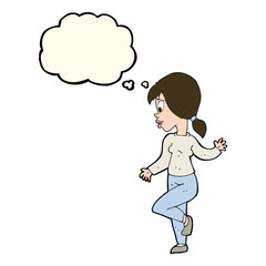 cartoon woman waving with thought bubble