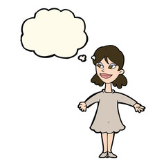 cartoon woman with open arms with thought bubble