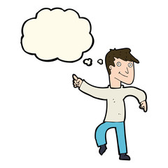 cartoon happy man pointing with thought bubble