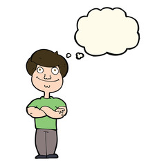 cartoon happy man with thought bubble