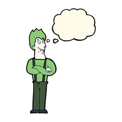 cartoon happy vampire with thought bubble