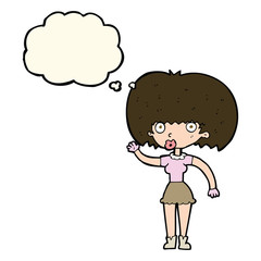 cartoon woman waving with thought bubble
