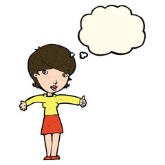 cartoon woman giving thumbs up symbol with thought bubble