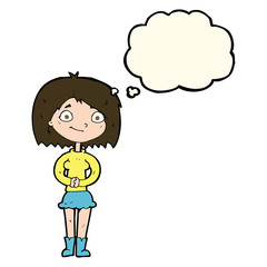 cartoon happy woman with thought bubble