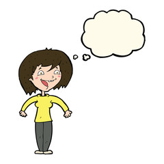 cartoon excited woman with thought bubble