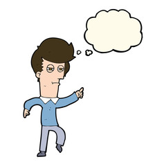 cartoon man accusing with thought bubble