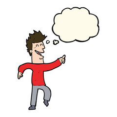 cartoon man pointing and laughing with thought bubble