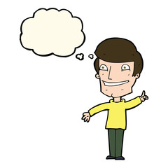 cartoon grinning man with idea with thought bubble