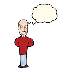 cartoon annoyed balding man with thought bubble