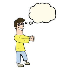 cartoon grinning man wearing glasses with thought bubble