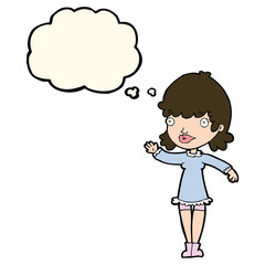 cartoon woman waving with thought bubble