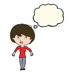 cartoon woman shrugging shoulders with thought bubble