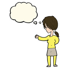 cartoon woman gesturing with thought bubble