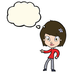 cartoon pretty woman pointing with thought bubble