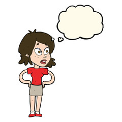 cartoon woman with hands on hips with thought bubble