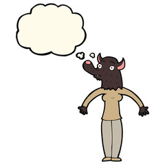 cartoon friendly werewolf woman with thought bubble