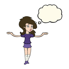 cartoon confused pretty girl with thought bubble
