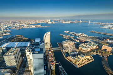 Fototapeta na wymiar Aerial view of Yokohama Cityscape at Minato Mirai waterfront district.