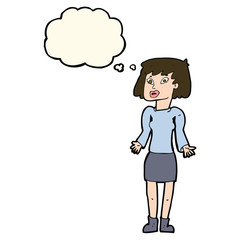cartoon woman shrugging shoulders with thought bubble