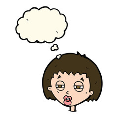 cartoon woman narrowing eyes with thought bubble