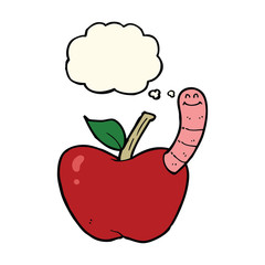 cartoon apple with worm with thought bubble
