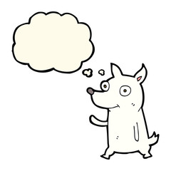 cartoon little dog waving with thought bubble