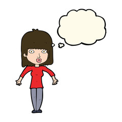 cartoon woman shrugging with thought bubble