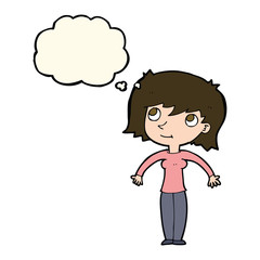 cartoon woman shrugging with thought bubble