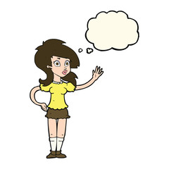 cartoon pretty woman waving for attention with thought bubble