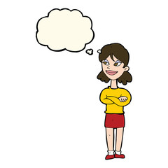 cartoon smug woman with thought bubble