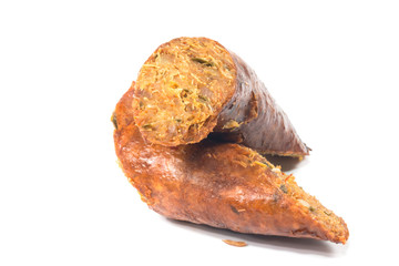smoked sausage against on white background, Local cuisine of northern Thailand
