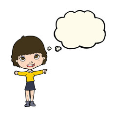 cartoon happy woman pointing with thought bubble