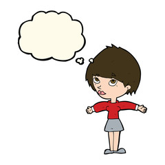 cartoon woman with open arms with thought bubble