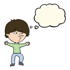 cartoon suspicious man with thought bubble