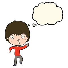 cartoon impressed boy pointing with thought bubble