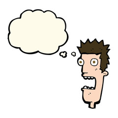 cartoon shocked man's face with thought bubble