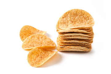 potato chips pile on white background