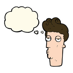 cartoon bored man's face with thought bubble