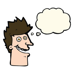 cartoon happy man face with thought bubble